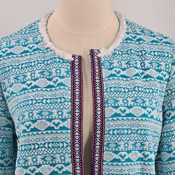 Valerie Stevens Jackets & Blazers - Valerie Stevens Lightweight Open Blazer Jacket Size M Blue White Geo Pattern
